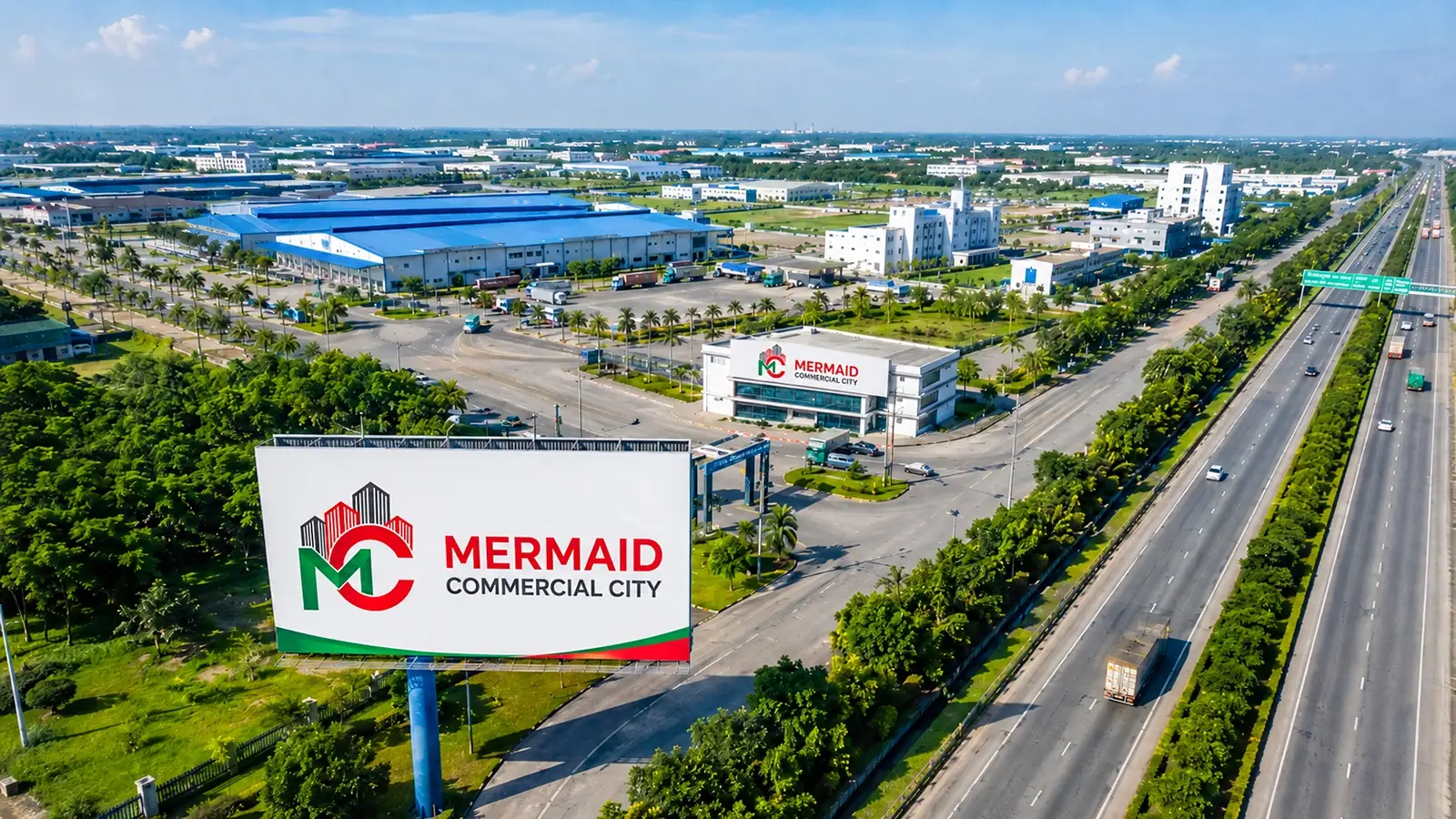 Aerial view of Mermaid Commercial City billboard, commercial buildings, and highway road network