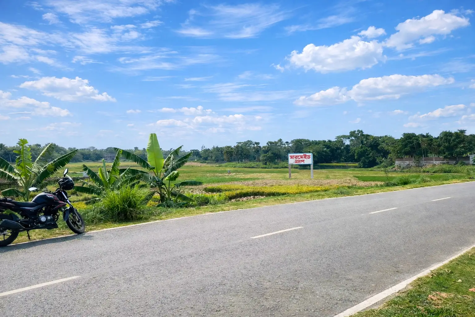 Mermaid Green City project road access with green fields and signboard